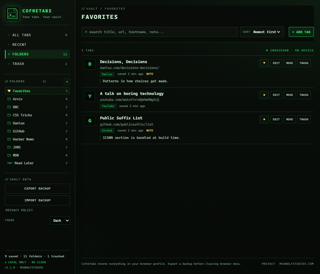 CofreTabs Favorites view listing three favorited tabs with filled heart toggles