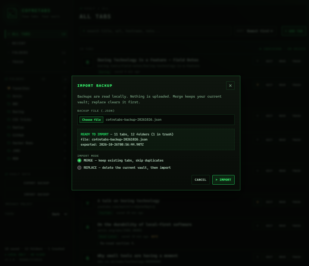 CofreTabs import backup dialog — local file selected, validation preview with tab and folder counts, MERGE and REPLACE import modes