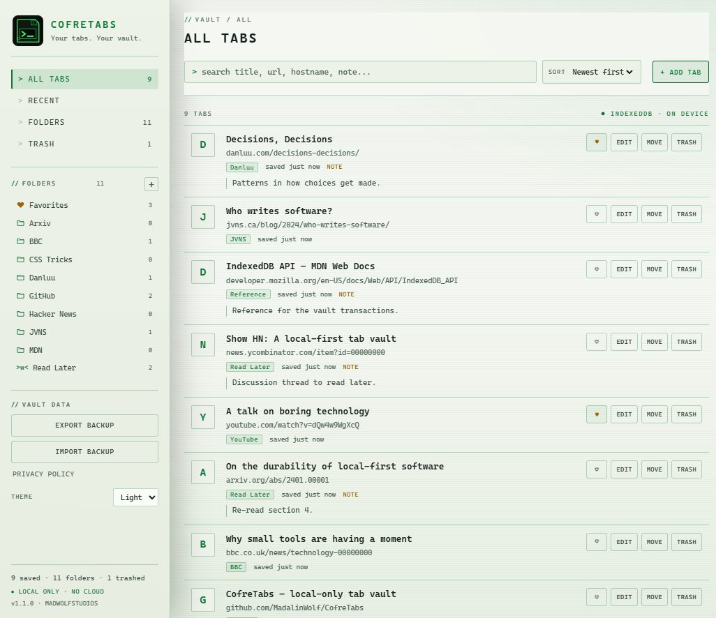 CofreTabs library in the light theme — bright surfaces, dark readable terminal text
