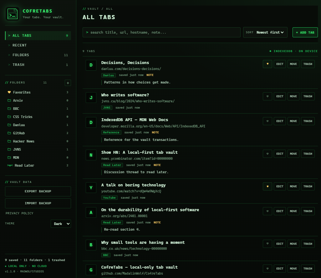 CofreTabs library listing saved tabs with domain folders, custom folders, notes and per-row EDIT, MOVE and TRASH controls