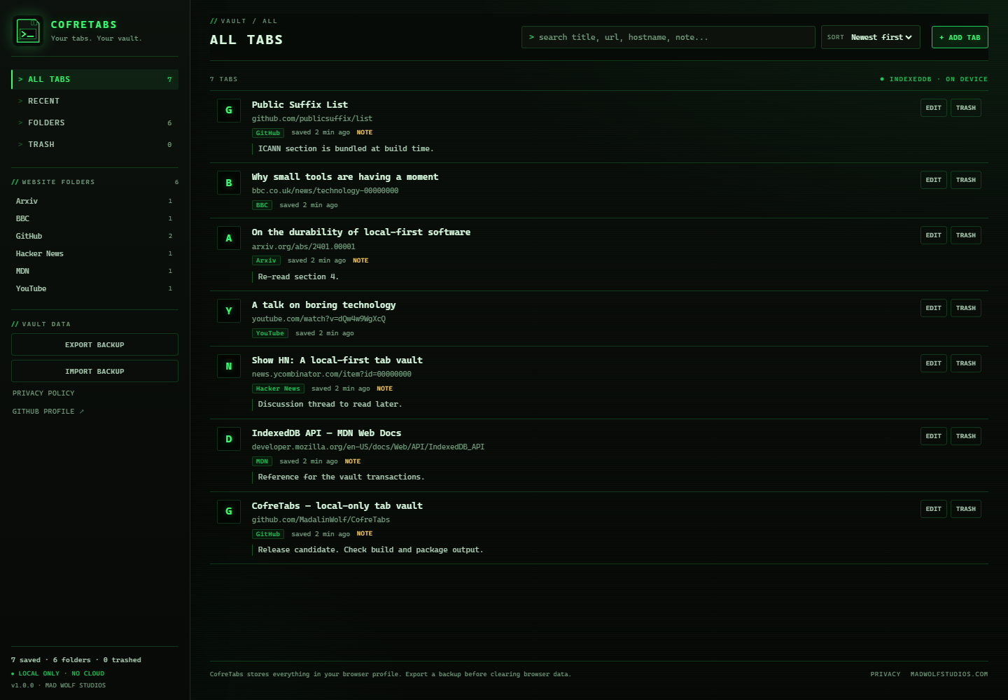 CofreTabs v1.0.0 library with demo tabs grouped by folder
