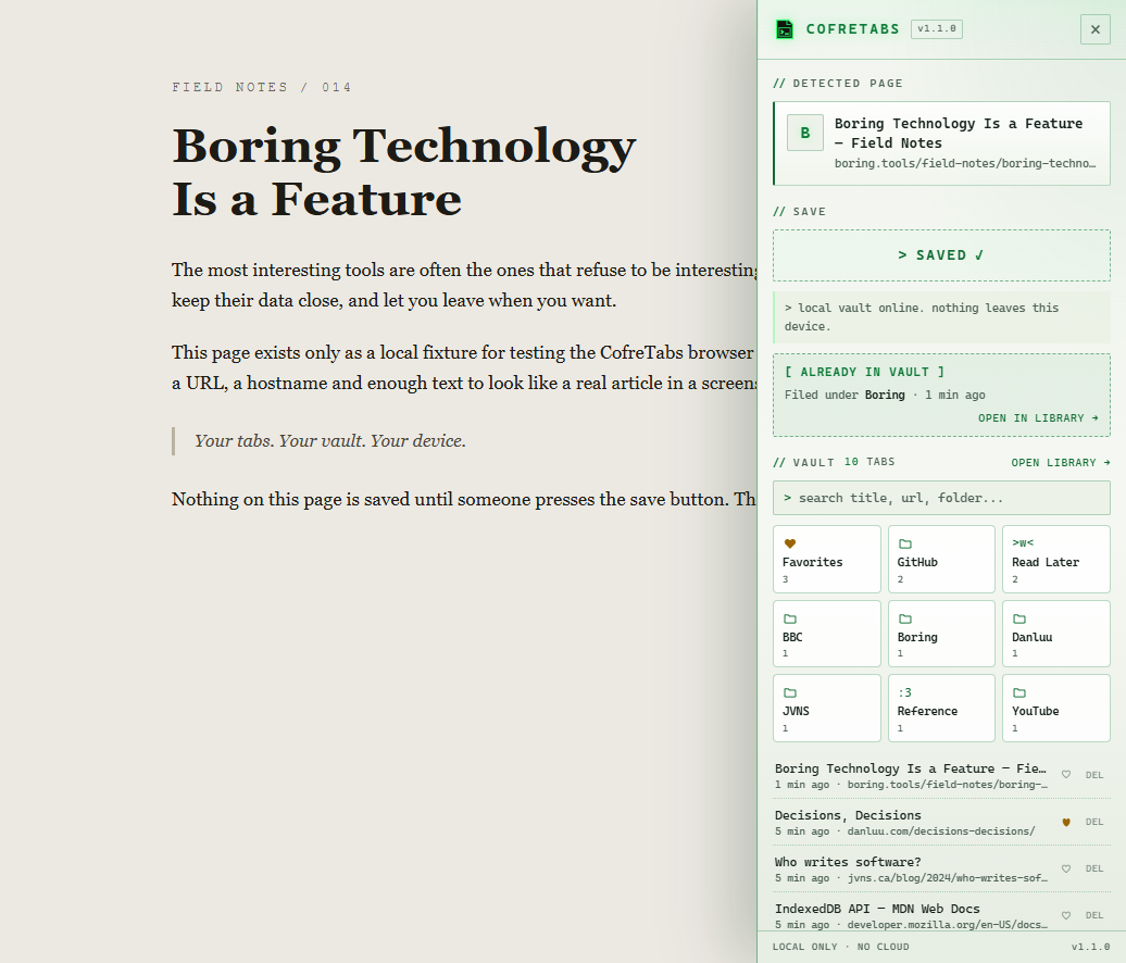 CofreTabs panel in the light theme over a page, with the folder grid and an already-saved notice