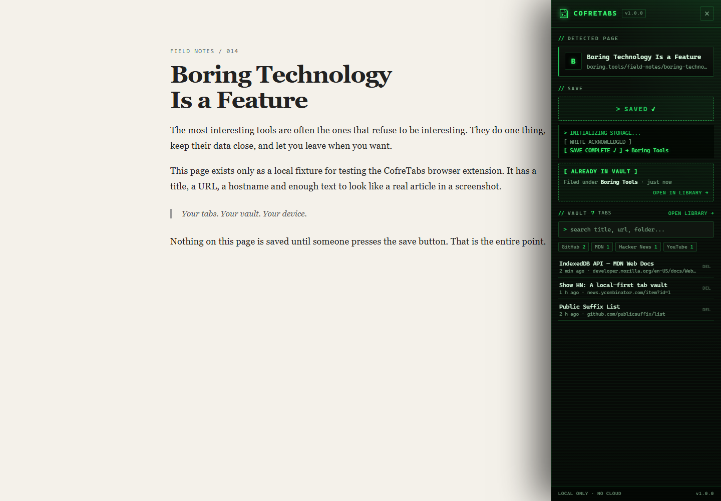CofreTabs v1.0.0 panel after a save acknowledgement