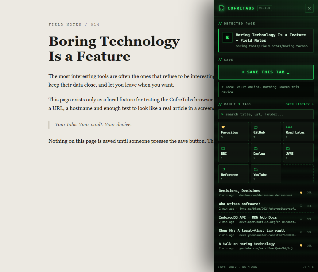 CofreTabs v1.1.0 slide-over panel over an article — page ready to save, 3×3 folder grid with Favorites and custom folders, recent saved tabs with heart toggles