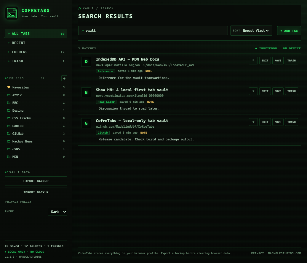 CofreTabs search results for the query “vault” — three matches across titles and notes