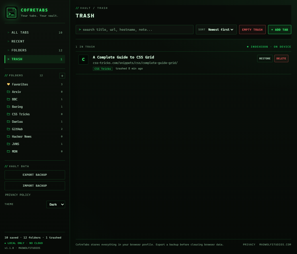 CofreTabs Trash view with a trashed tab offering RESTORE and DELETE actions and an EMPTY TRASH button