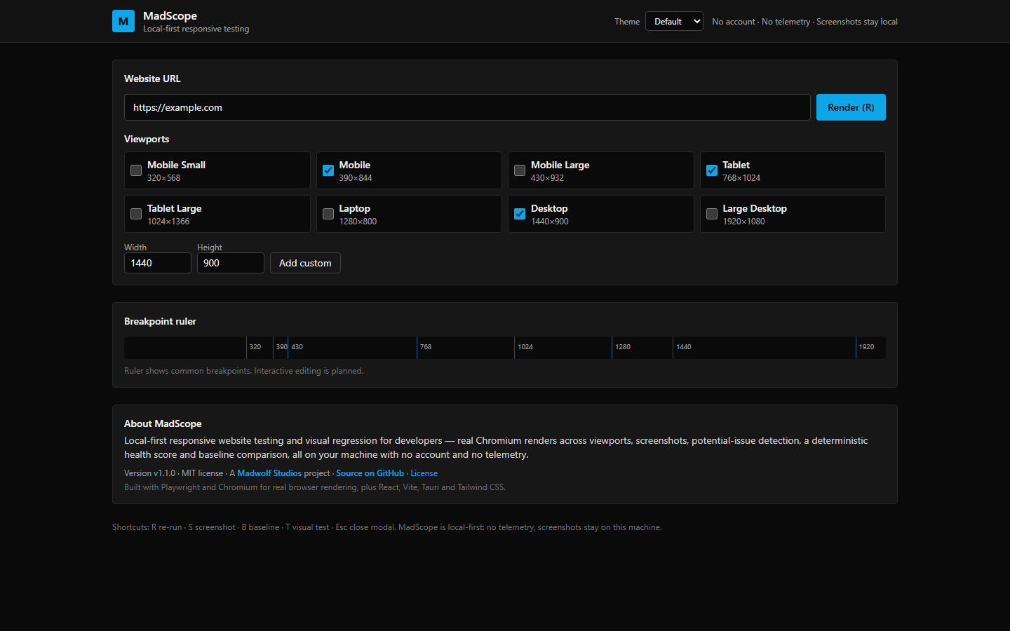 MadScope About panel — version, MIT license, Madwolf Studios website, GitHub repository and acknowledgments in the Default theme