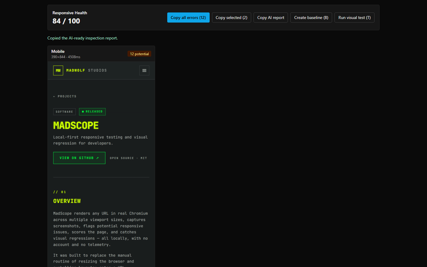 MadScope copy report — status feedback after copying the structured AI-ready inspection report