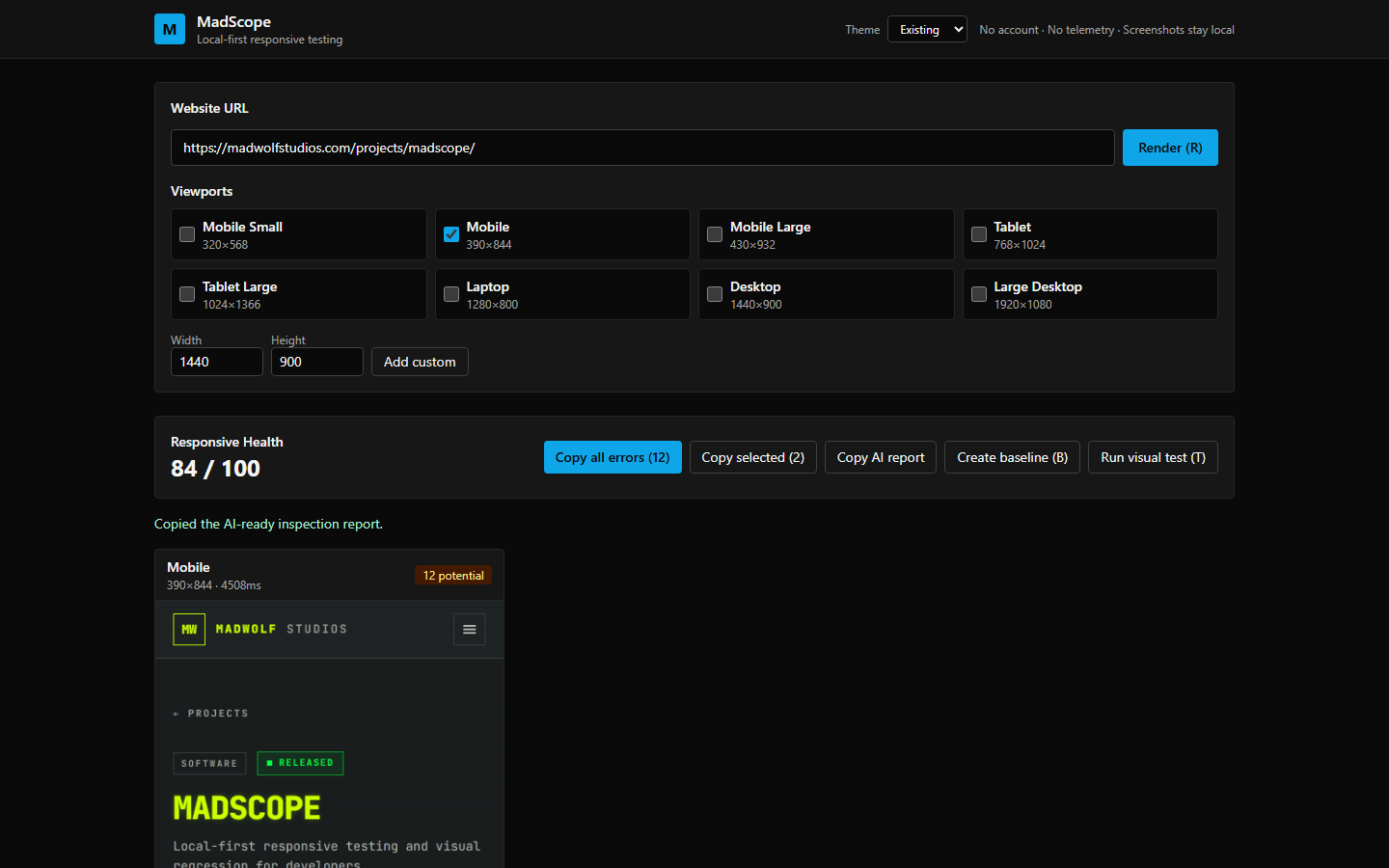 MadScope Default theme — the original dark design (v1.1.0 capture, when the label still read “Existing”)
