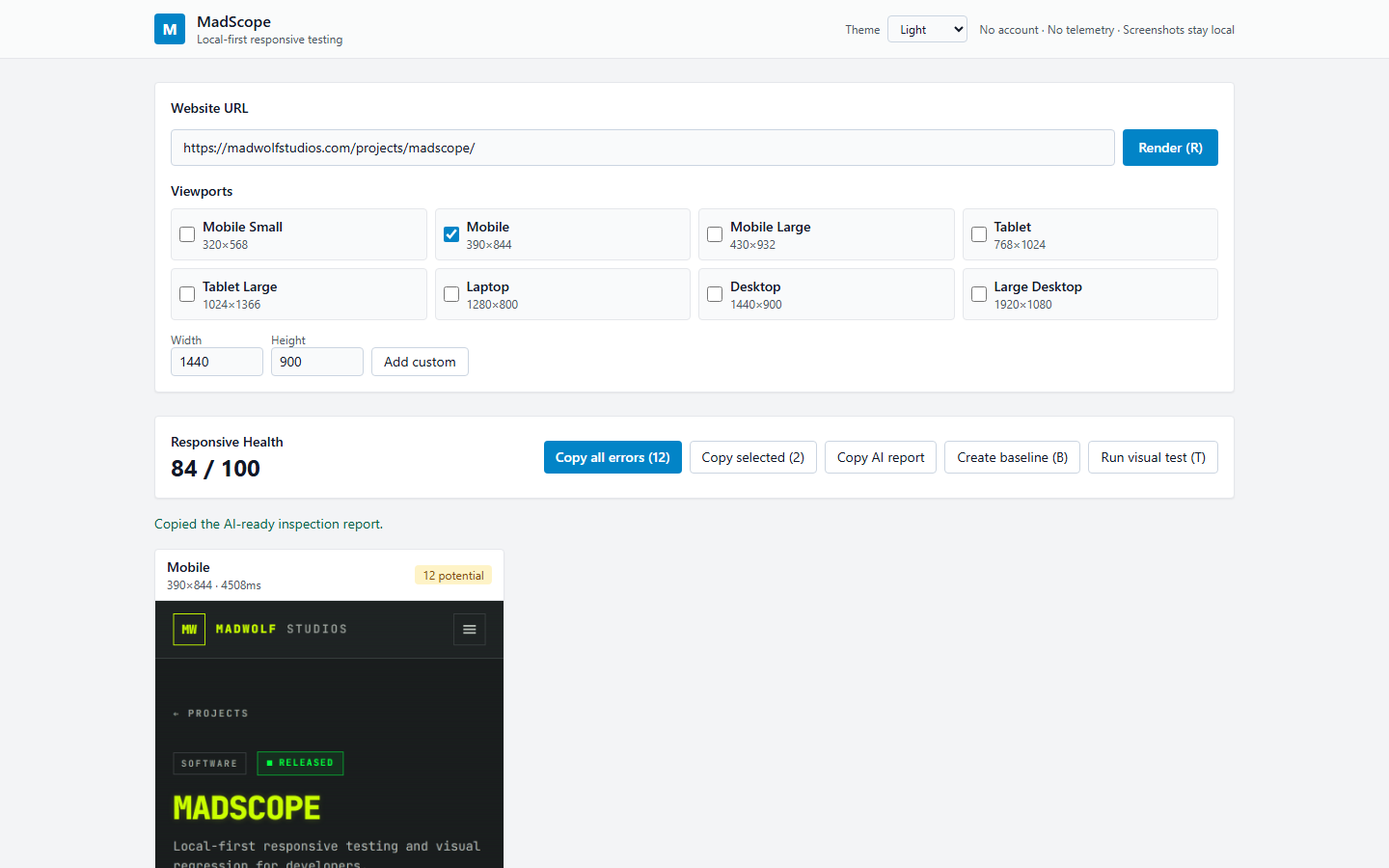 MadScope Light theme — bright white surfaces with dark readable text and subtle borders