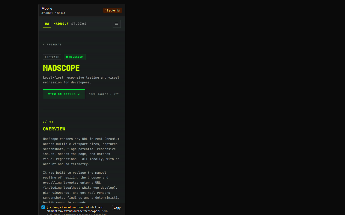 MadScope mobile inspection — real diagnostics listed per viewport with checkboxes, copy buttons and the AI-ready report button