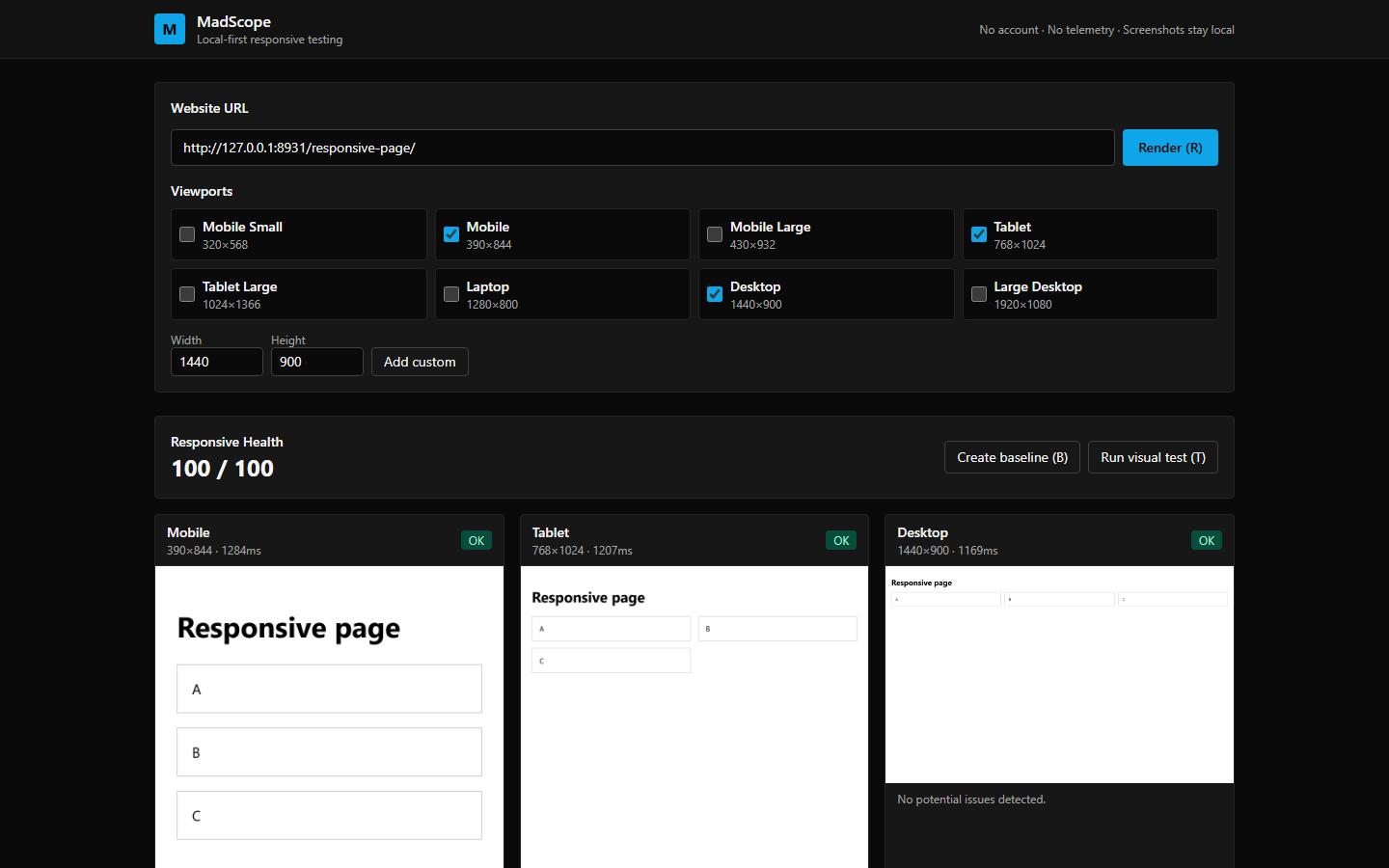 MadScope main interface — a responsive scan at mobile, tablet and desktop sizes with health score 100/100