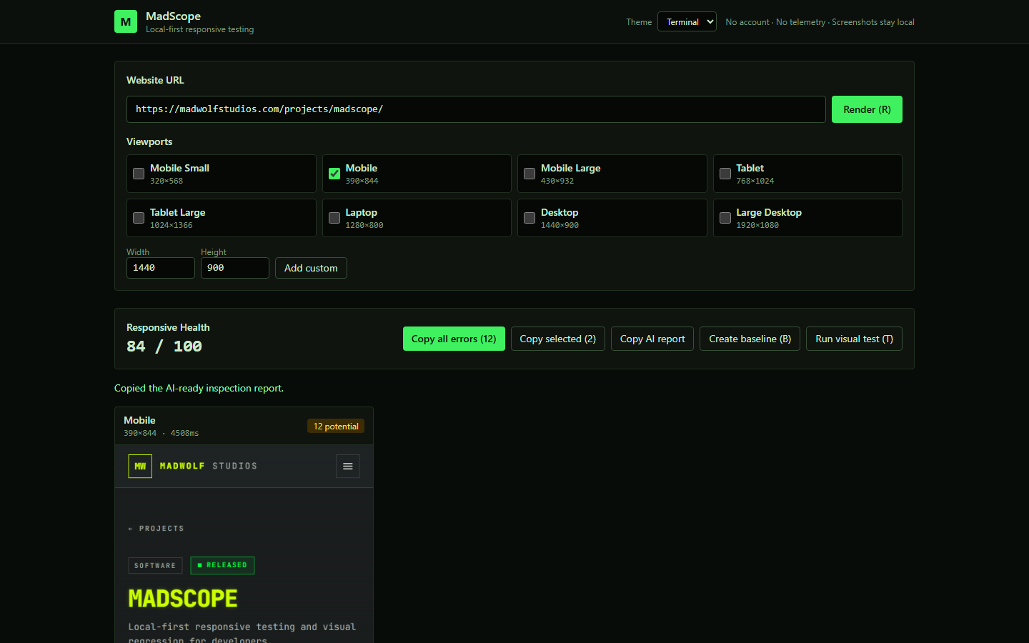 MadScope Terminal theme — near-black green-tinted surfaces, terminal-green accents and monospaced technical elements