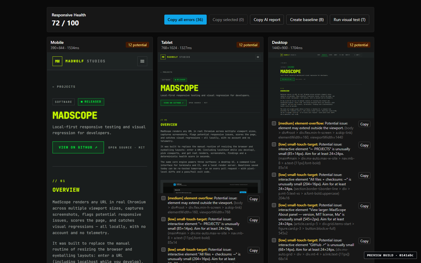 MadScope diagnostic results listing per-viewport potential issues with element-level details and copy buttons