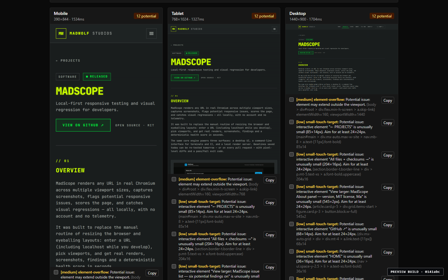 MadScope mobile viewport diagnostics: overflow, touch-target and clipping findings for the Mobile 390 by 844 viewport
