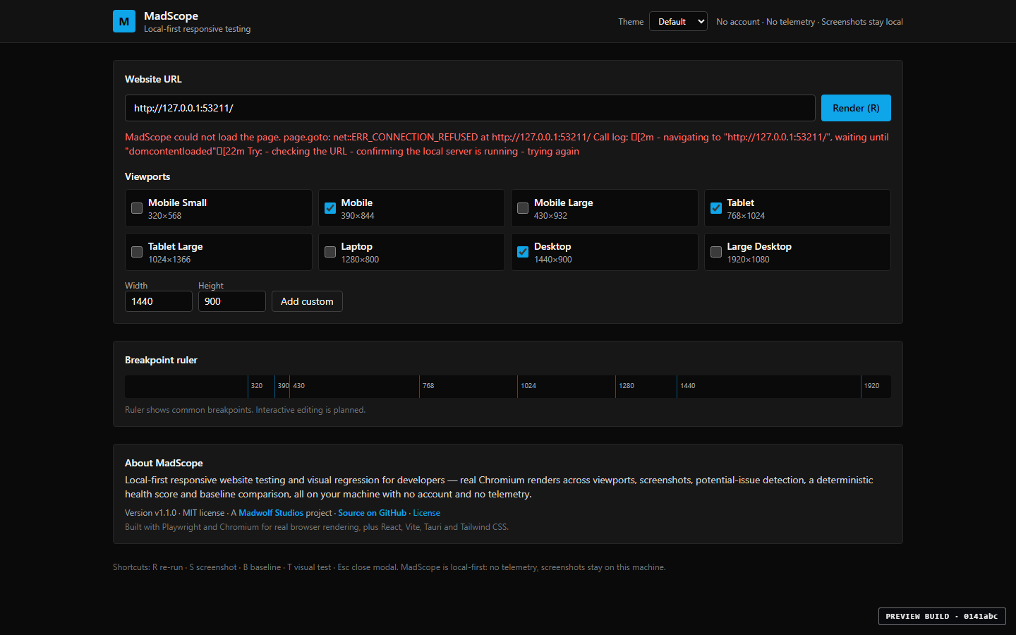 MadScope error alert for an unreachable local server showing the exact ERR_CONNECTION_REFUSED browser error and suggested next steps