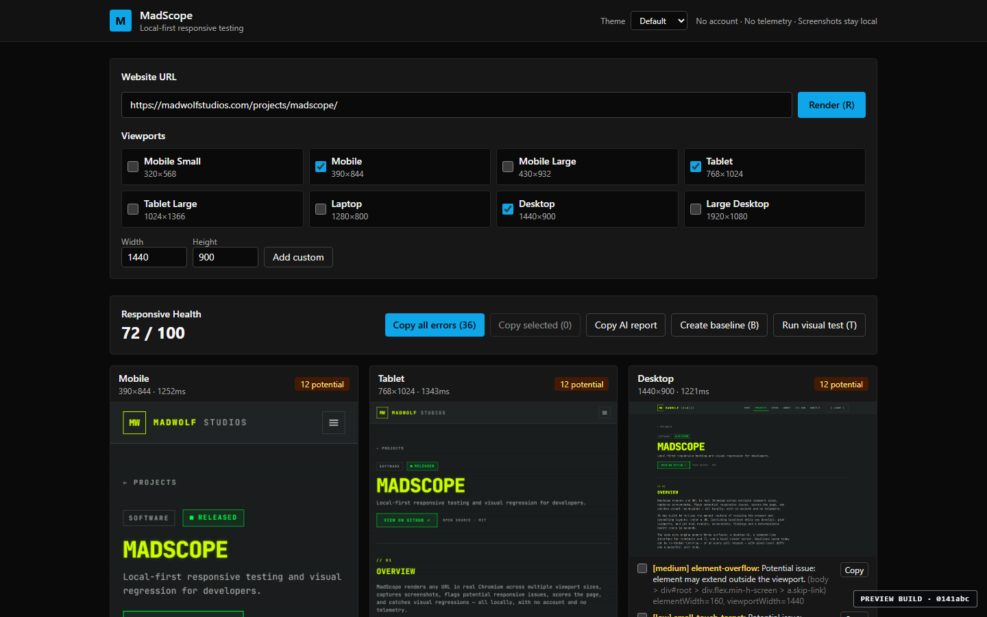 MadScope interface in the Default theme, the original dark design with lemon-yellow accents