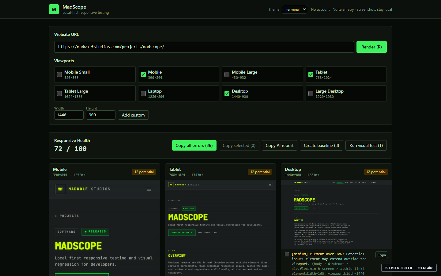 MadScope interface in the Terminal theme with near-black green-tinted surfaces and terminal-green accents