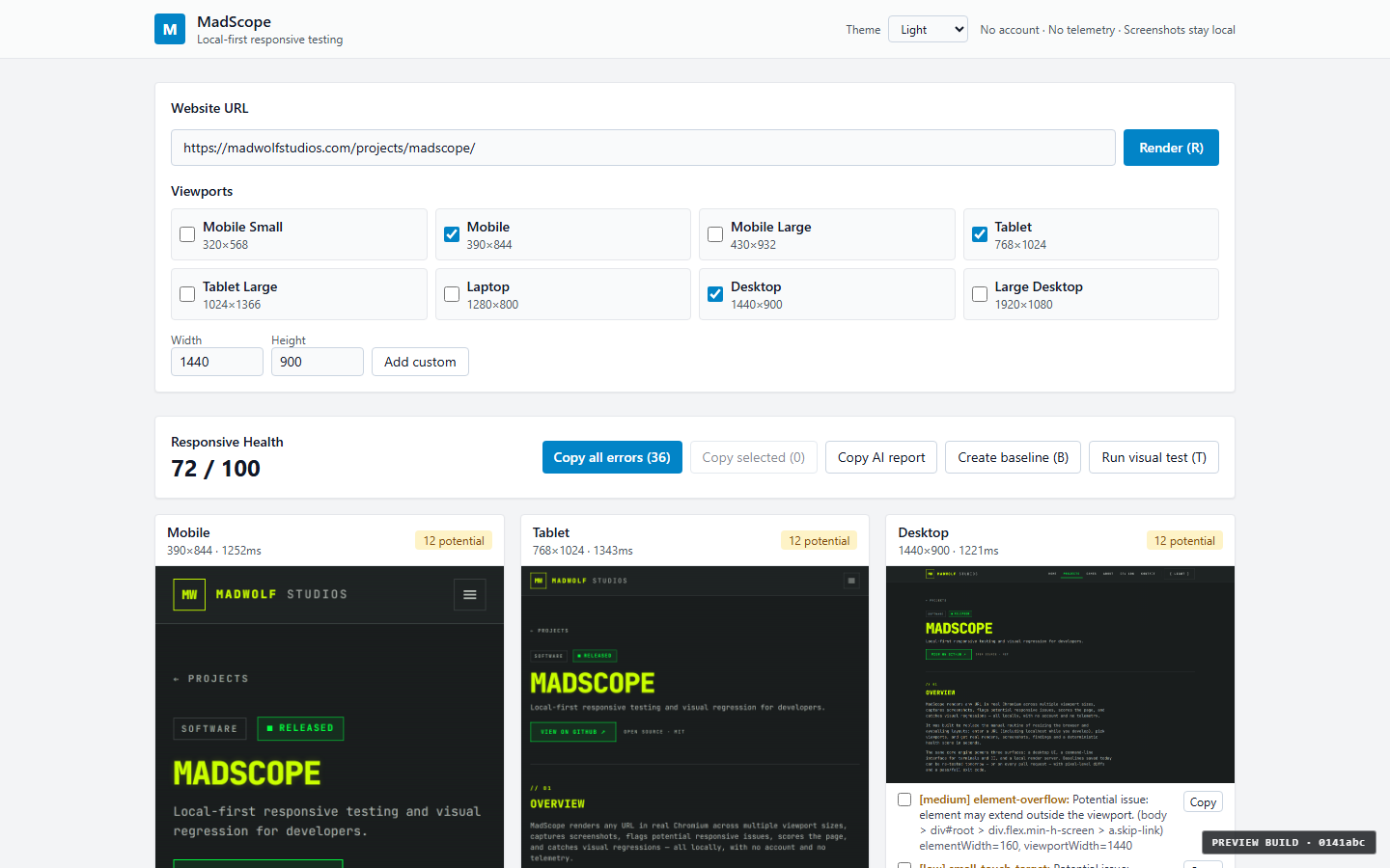 MadScope interface in the Light theme with bright white surfaces and dark readable text