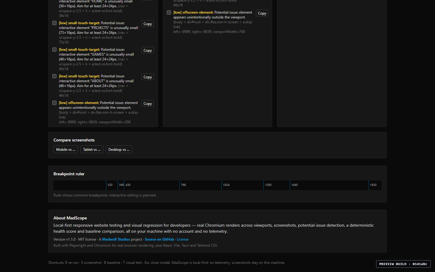 MadScope About panel showing version, MIT license, Madwolf Studios and GitHub links, acknowledgments and keyboard shortcuts