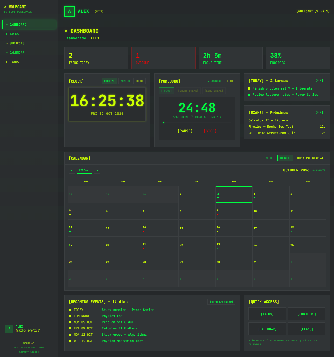 Full WOLFCANI dashboard page — clock, focus timer, tasks, exams, month calendar, upcoming events and quick access