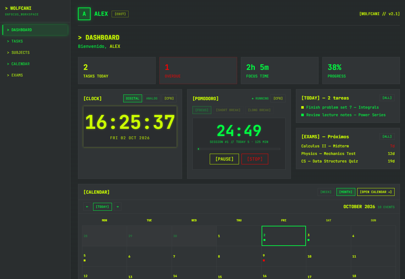 WOLFCANI dashboard — live clock, focus timer, today's tasks and the month calendar
