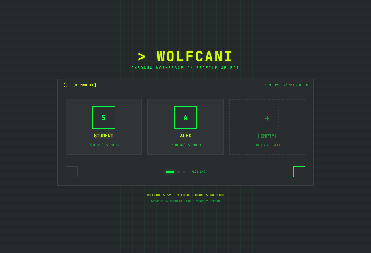 WOLFCANI profile selection screen with a slot per student