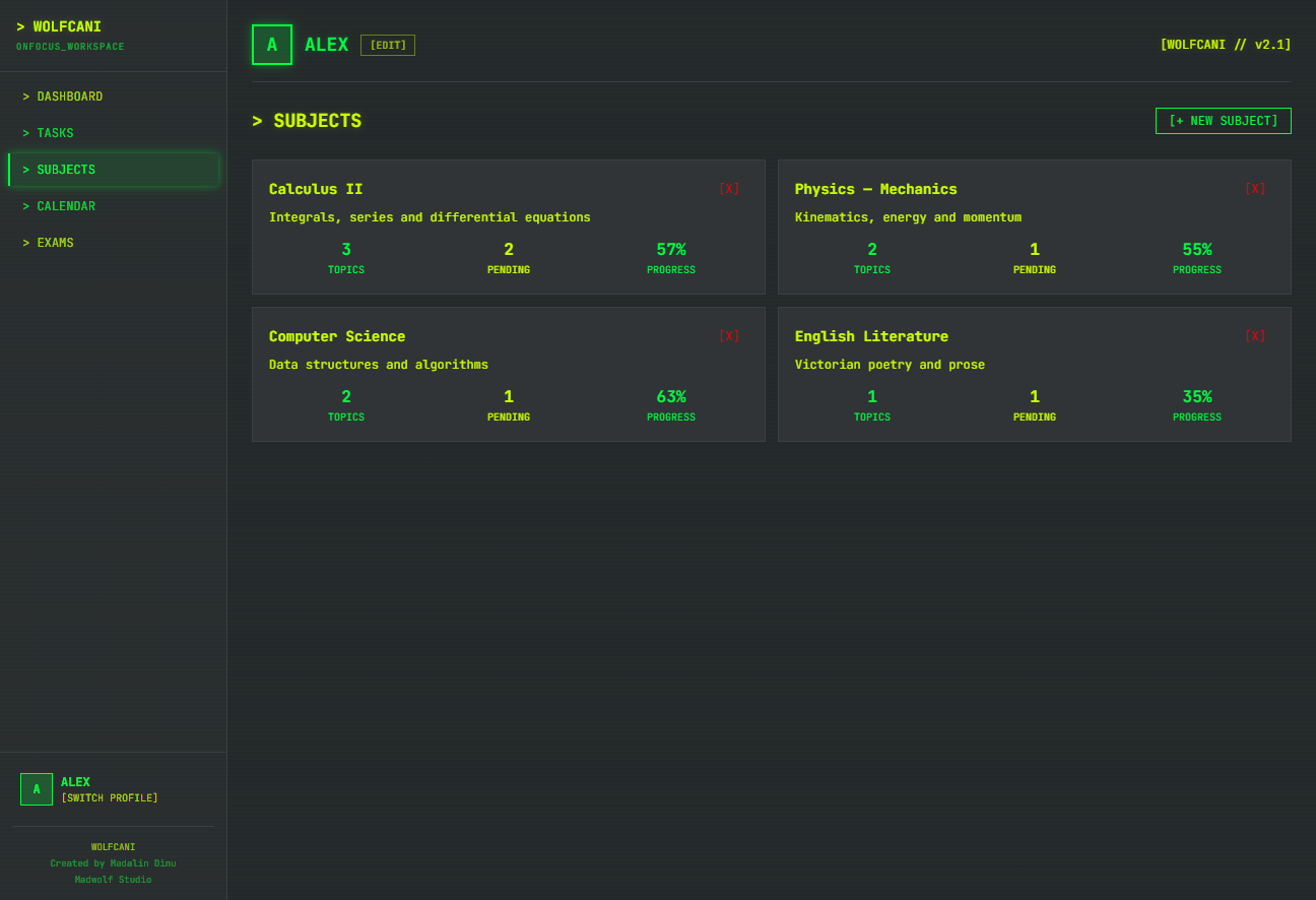 WOLFCANI subjects — course cards with topics, pending items and progress